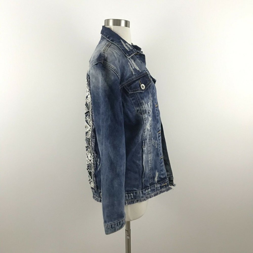 JAASE Womens S Embellished Denim Jacket Oversized NWT Back Design Distressed - Picture 3 of 8